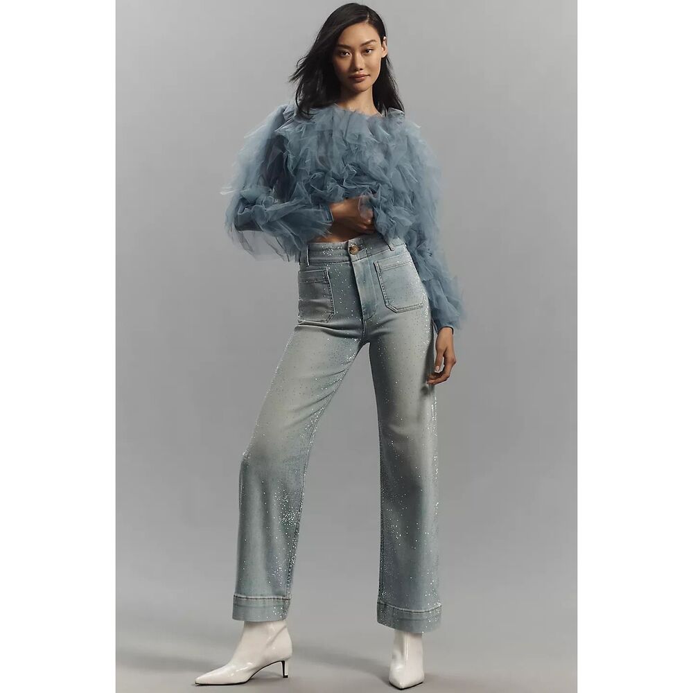 Anthropologie The Colette Rhinestone Crop Wide-Leg Jeans by Maeve Size 30